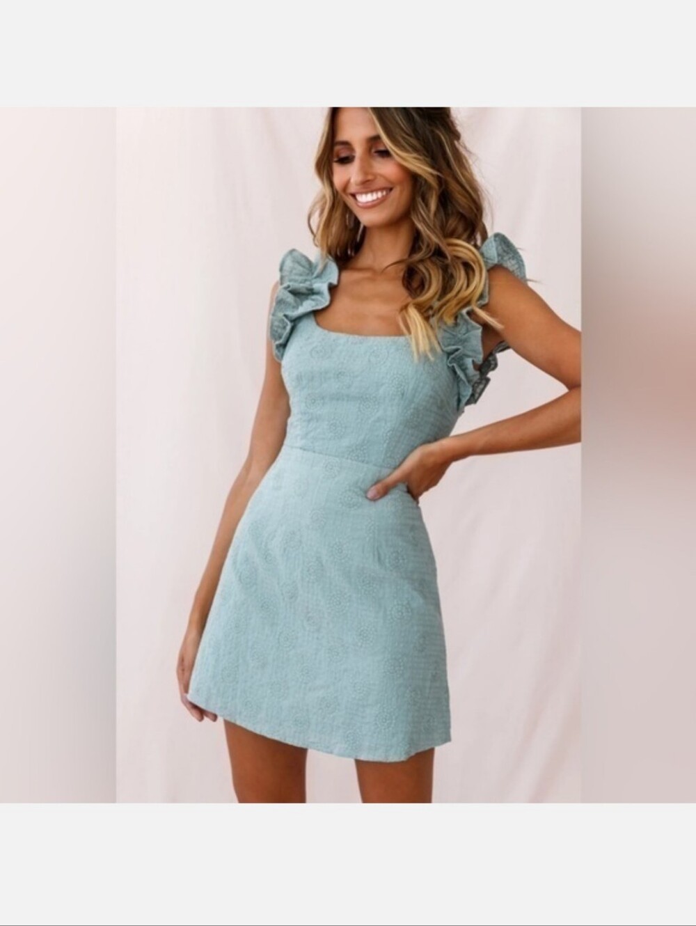 Selfie Leslie Annie Ruffle Shoulder Strap Green/Blue Cotton Dress Sz. L NWT!